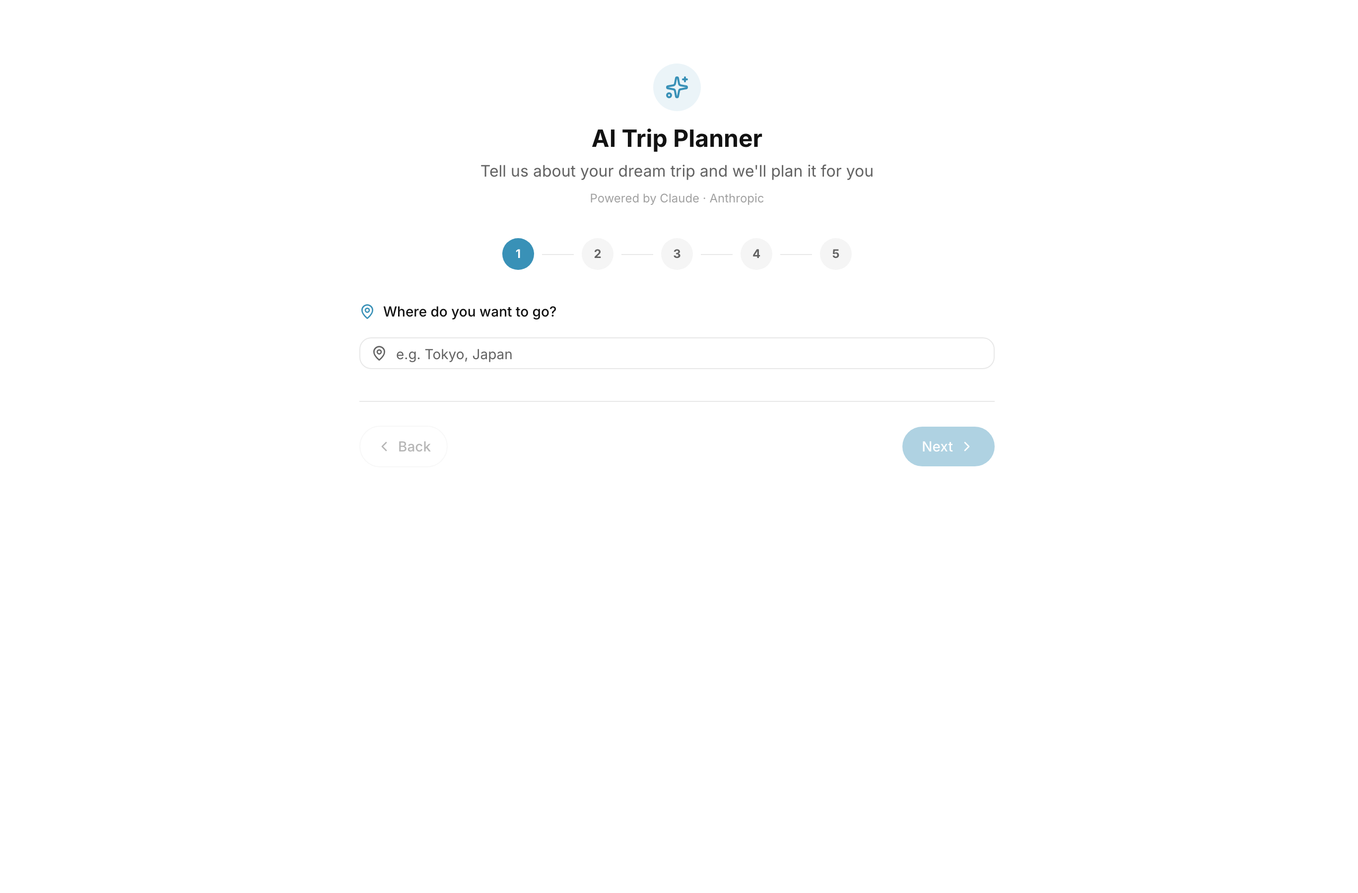 AI Trip Planner wizard — pick destination, interests, and budget