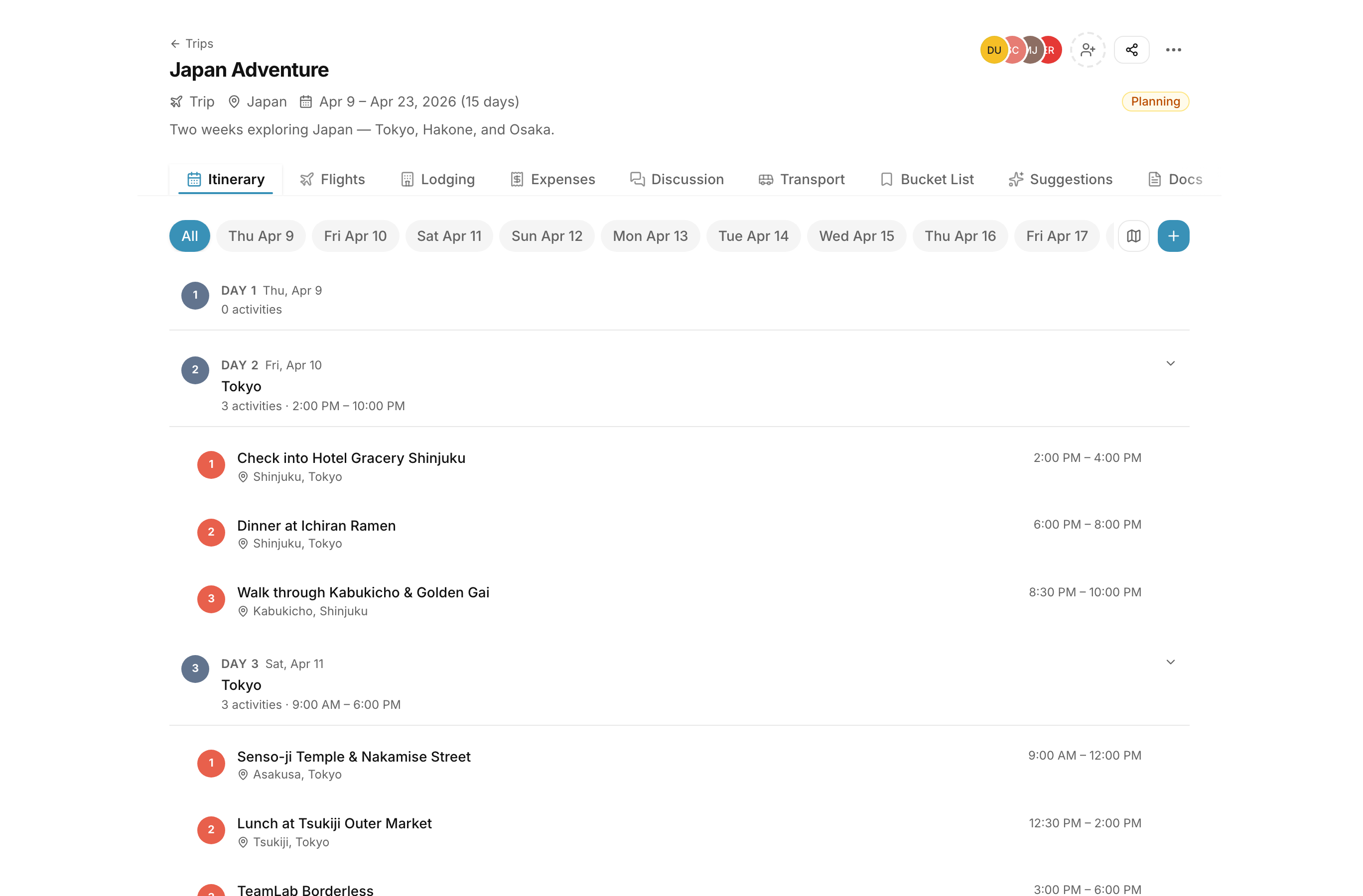 Vekso trip planning interface showing a day-by-day itinerary with stops and map