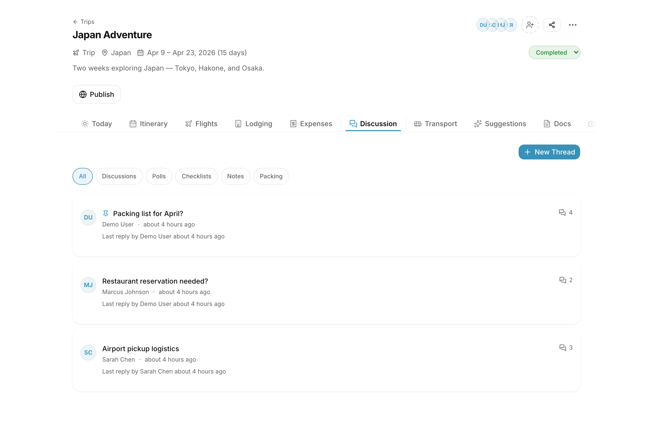 Discussion threads with polls, checklists, and group coordination