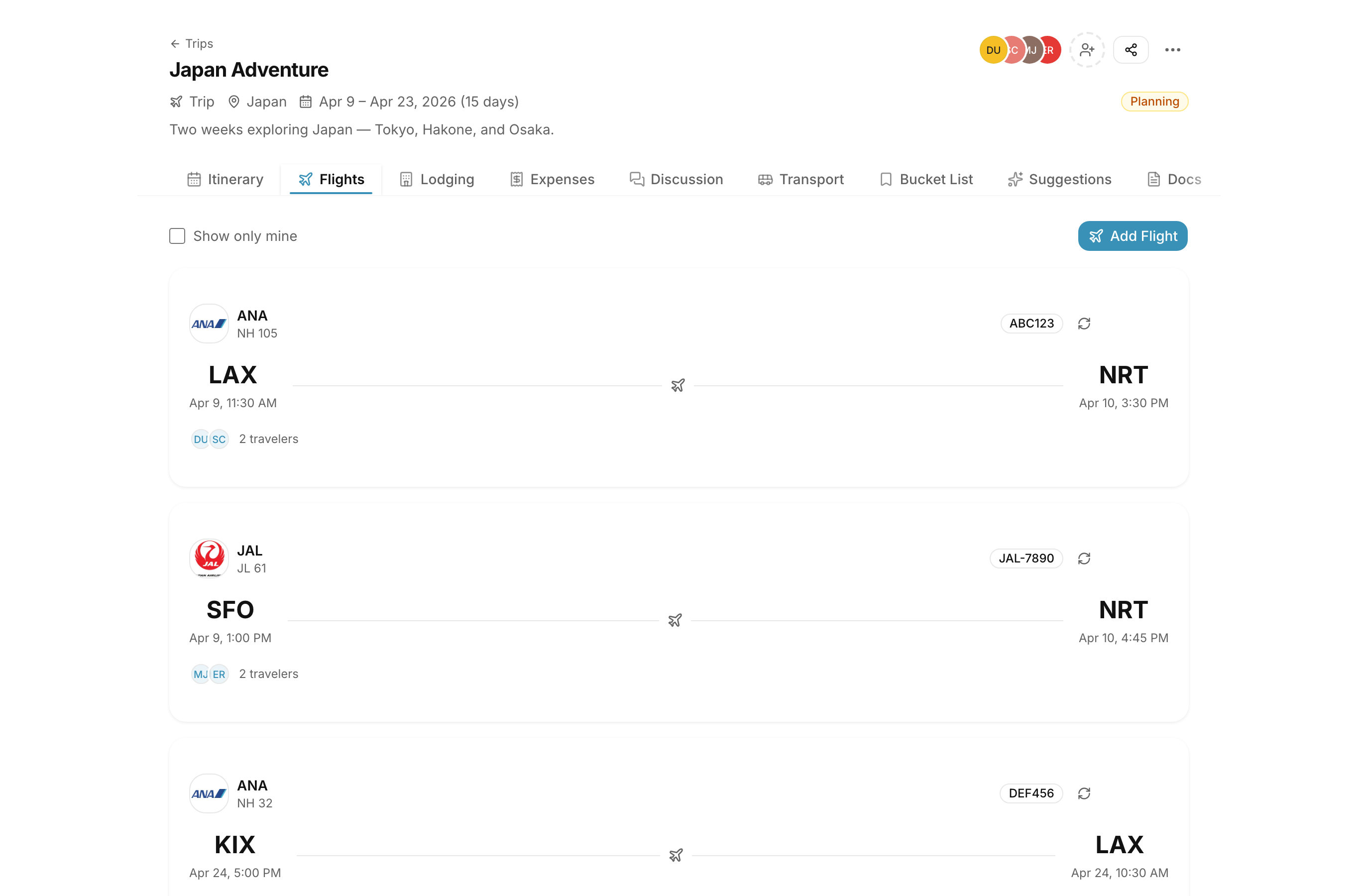 Flight tracking with airline logos, routes, and traveler assignments
