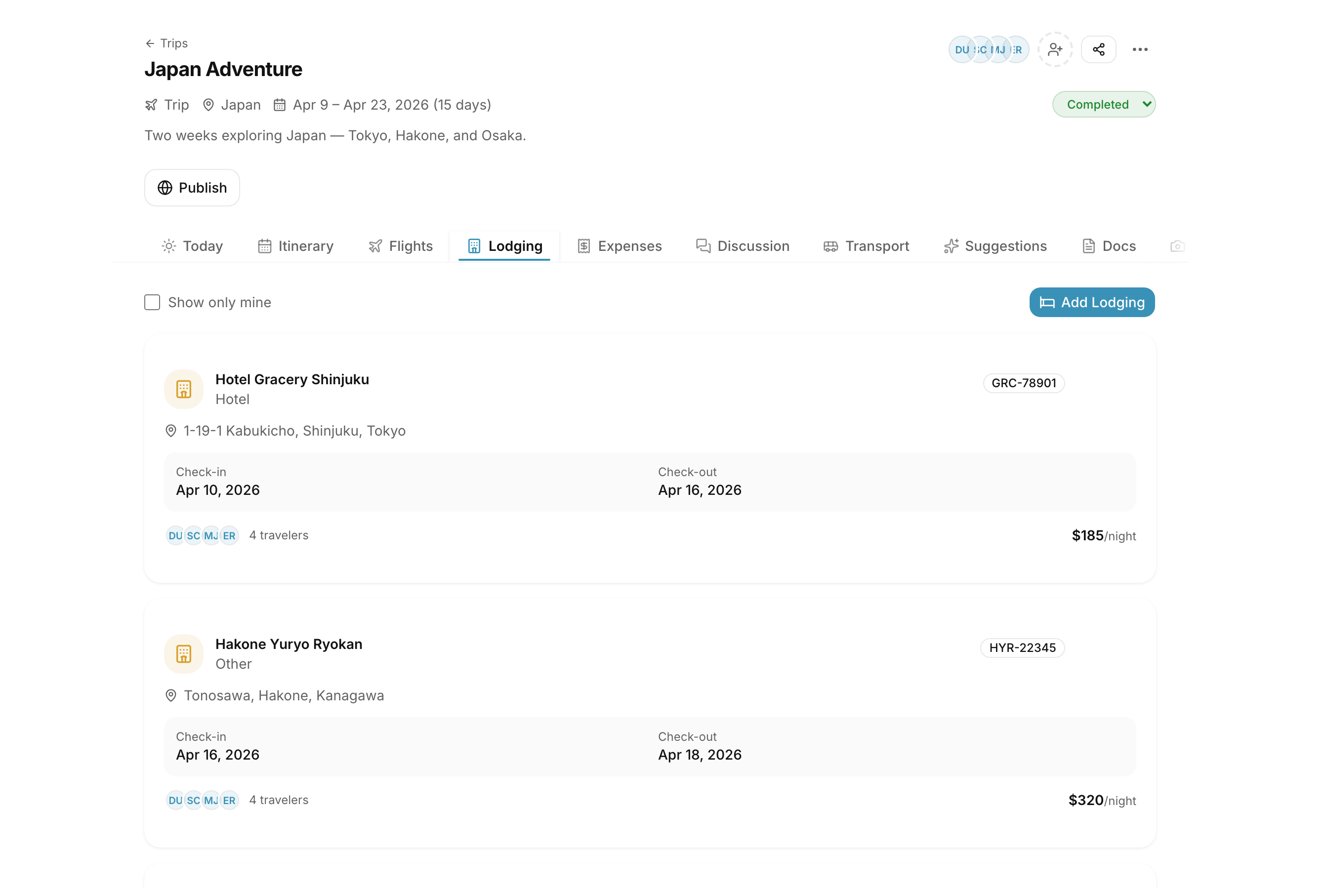 Lodging management with hotels, check-in dates, and per-night costs