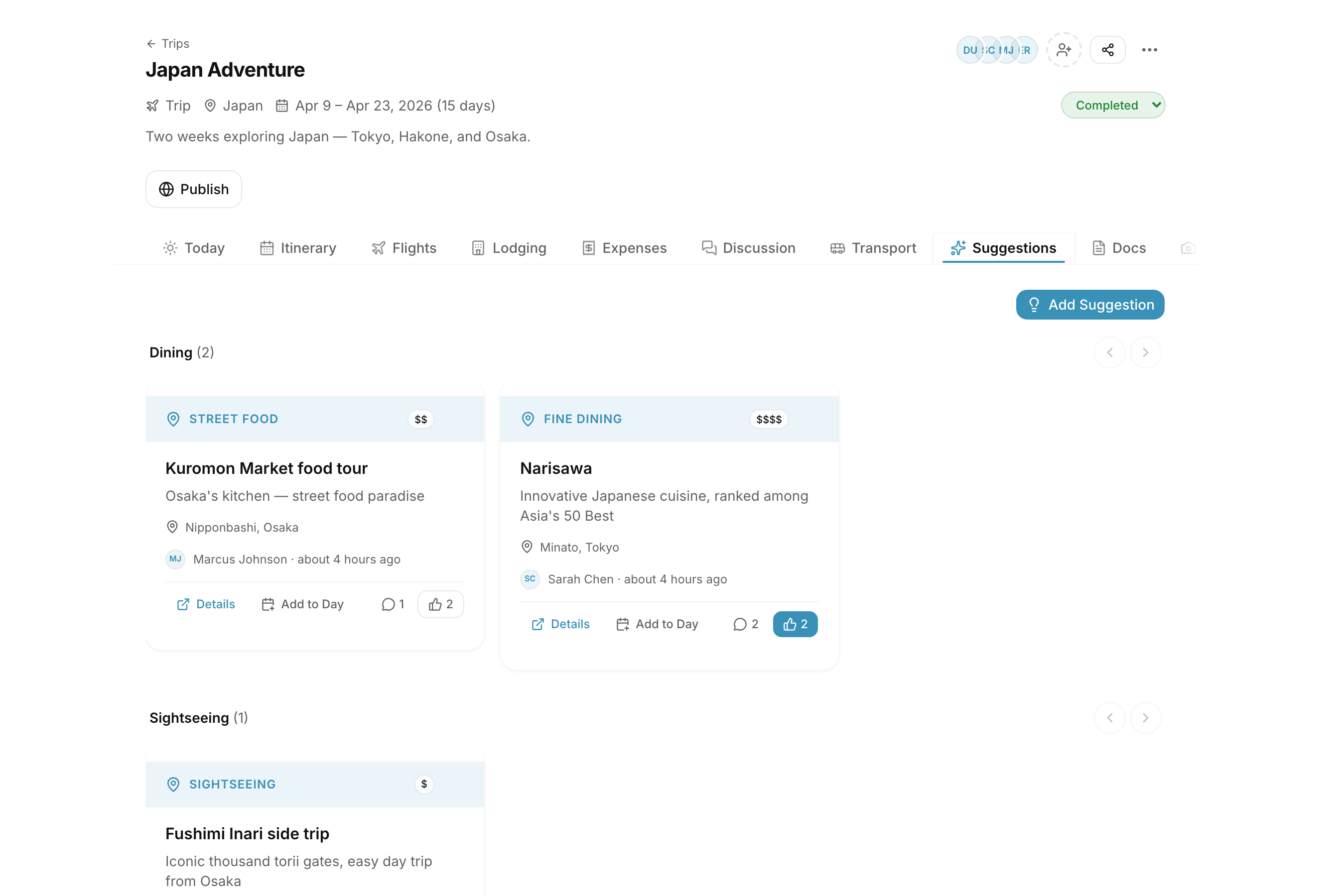Group suggestions with categories, votes, and nearby place discovery